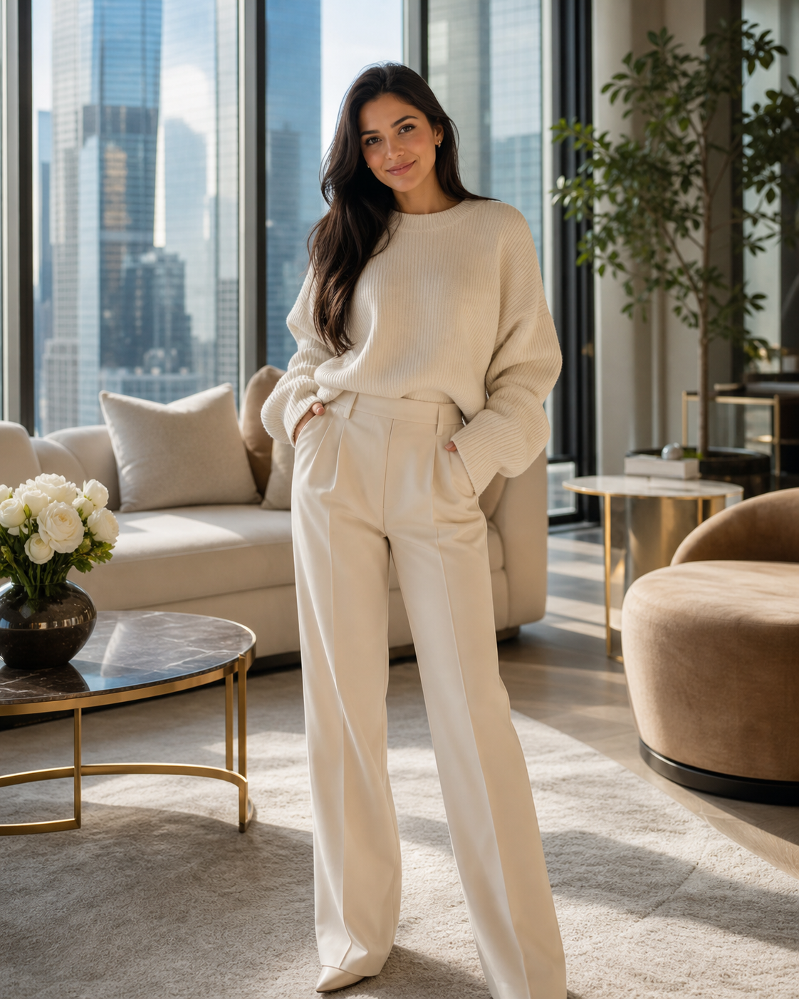 Commercial-safe soft glam female influencer character example